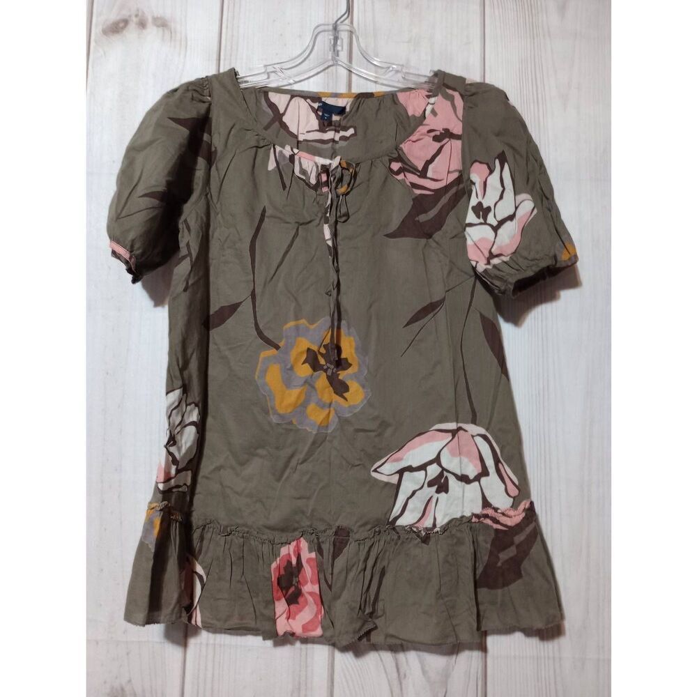 Gap Women‎ Olive Green Floral Cotton Peplum Blouse Short Puff Sleeve Size S